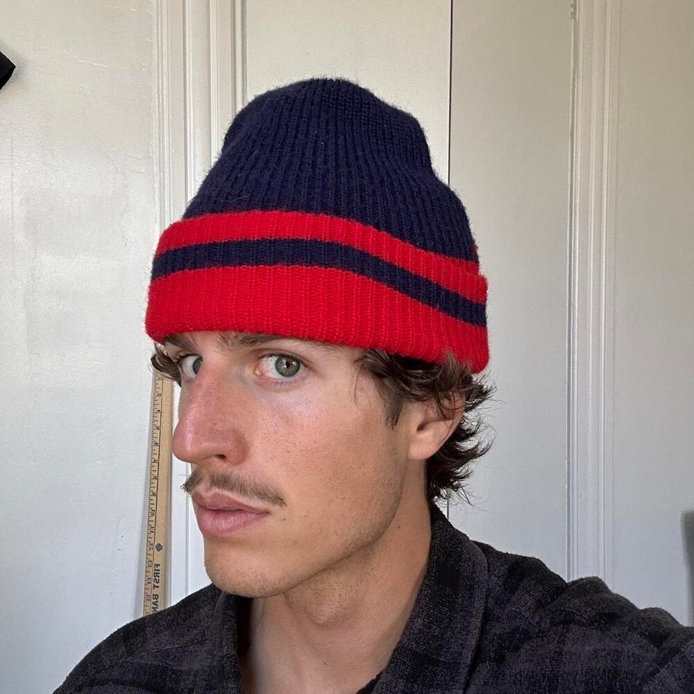 Vintage 70s 80s Retro Striped Knit Ski Beanie Cuffed Hat Cap